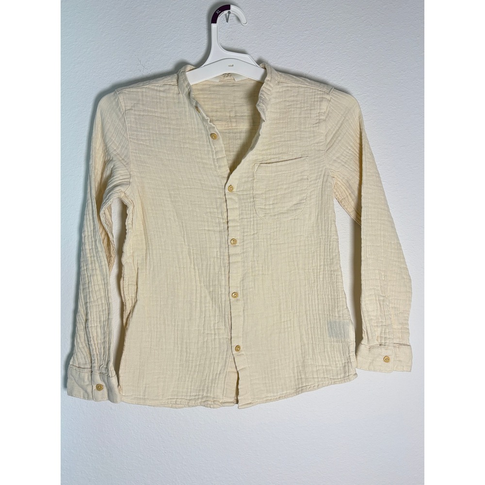 H&M Boys Cream Crinkled Cotton Gauze Band‎ Collar Button Down Shirt Size 10